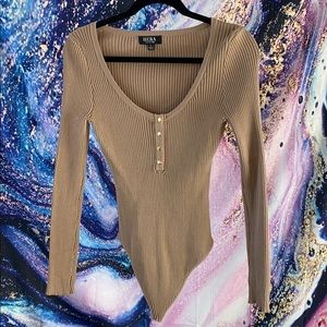 Fashion Nova Ribbed Long Sleeve Nude/Tan Bodysuit
